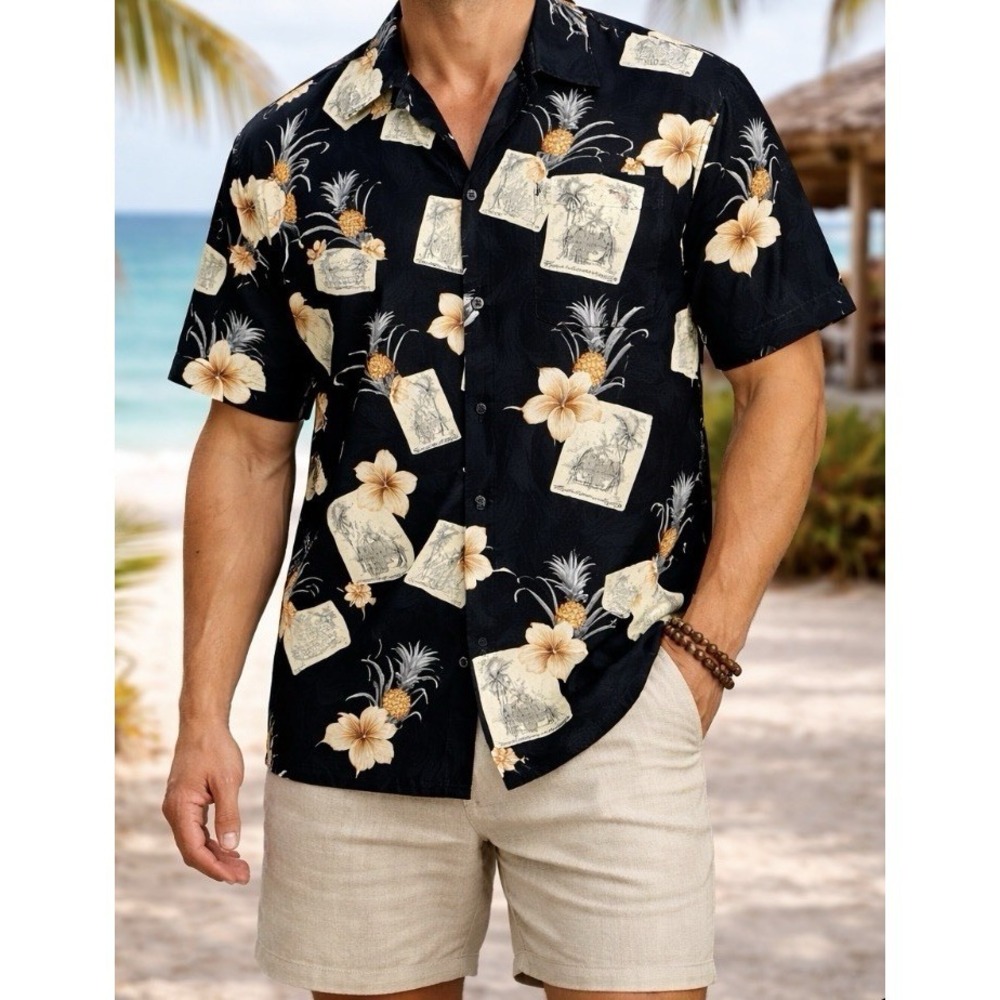 Jamaica Jaxx Mens Hawaiian Shirt L 100% Silk Tropical Pineapple Camp Shirt Aloha